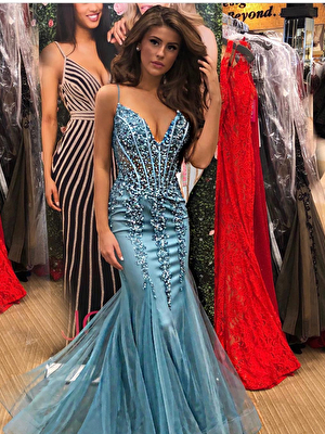 Jovani teal spaghetti strap mermaid prom dress 56032
